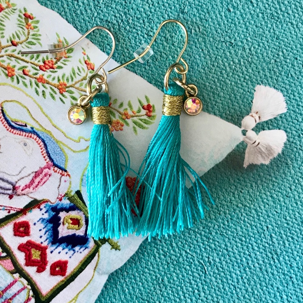 Turquoise Tassel + Rhinestone Drop Earrings